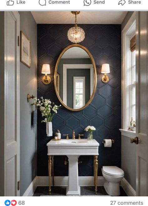 Subway Tile Powder Room Wall, Small Powder Room Remodel Ideas, Beautiful Guest Bathrooms, Small Luxury Powder Room, Elegant Half Bathroom Ideas, Navy Blue Powder Room, Blue Guest Bathroom, Small Powder Bathroom Ideas, Blue Powder Room