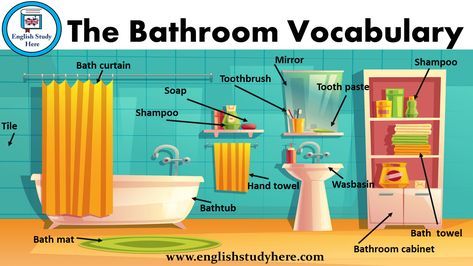 English Bathroom vocabulary, The Bathroom Vocabulary; Bath curtain Tile Soap Toothbrush Mirror Tooth paste Shampoo Bath mat Bathtub Hand towel Bathroom Vocabulary, Opposite Words For Kids, English Bathroom, Antonyms Words List, Feeling Words List, Feelings List, British Bathroom, Grammar Notes, Verbs List