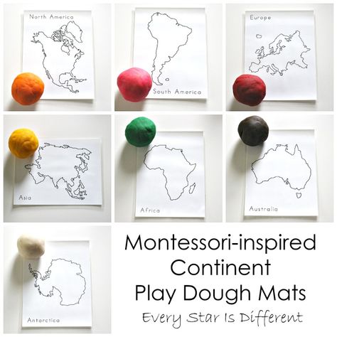 Montessori-inspired Continent Activities with Free Printables Montessori World Map Free Printable, Continents Preschool Activities, Continent Activities, Continents Activities, Preschool Social Studies, Montessori Crafts, Montessori Geography, Montessori Printables, Dough Mats