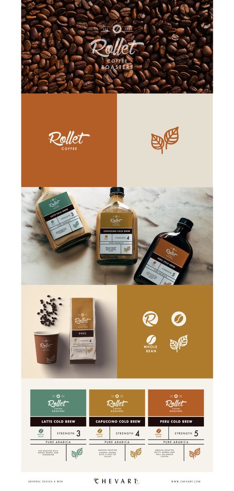 Rollet Coffee Branding, Malu ONeill, Chevart Design Brand Identity Design Coffee, Coffe Brand Ideas, Cafe Shop Logo Design, Coffee Shop Logos Ideas Inspiration, Bear Coffee Logo, Coffee Packaging Design Ideas, Coffee Logo Design Ideas Graphics, Coffee Brands Logo, Coffe Logos Design