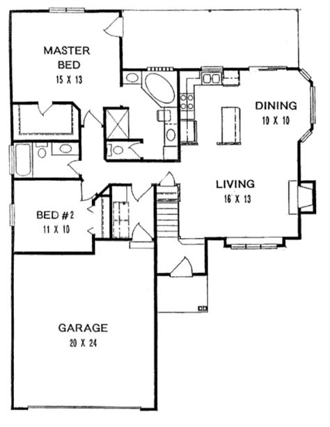 Plan #58-108 - Houseplans.com 2 Bedroom 2 Bathroom Floor Plans, Basement Entry, Bathroom Cottage, Entry Closet, Cottage Floor Plans, Bathroom Floor Plans, 2 Bedroom House Plans, Concrete Bench, Traditional House Plan