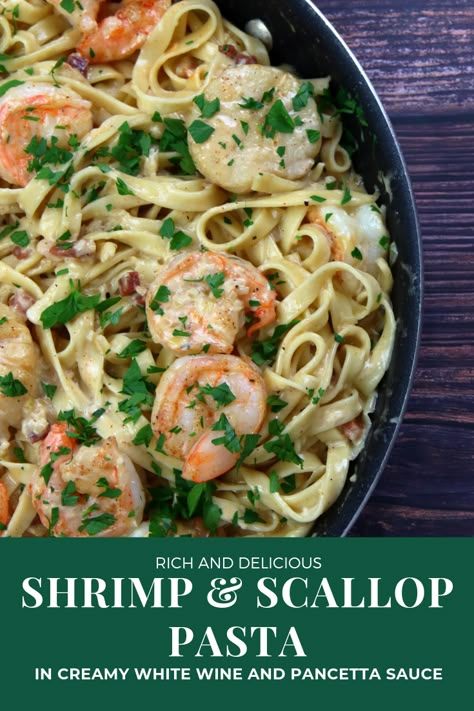 Shrimp and Scallop pasta in a white wine cream sauce with pancetta. Delish! Shrimp And Scallop Pasta, Scallop Recipes Pasta, Shrimp And Scallop Recipes, Wine Cream Sauce, White Wine Cream Sauce, Scallop Pasta, Recipes With Parmesan Cheese, Cream Sauce Recipe, Pasta Varieties