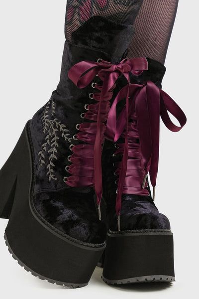 In A Phase Boots Ribbon Laces Boots, Boots With Ribbon Laces, Cute Goth Shoes, Styling Platform Boots, Vampire Boots, Gothic Platforms, Purple Platforms, Gothic Heels, Monster High Shoes