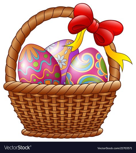 Wicker basket with decorated easter eggs and red b Happy Easter Pictures, Decorated Easter Eggs, Creative Easter Baskets, Easter Drawings, Easter Wallpaper, Lamb Decorations, Easter Pictures, Easter Clipart, Easter Bunny Decorations