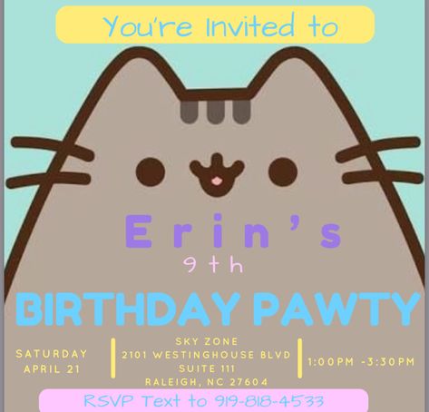 Erin’s Invitation Pusheen Cat Birthday Party Invitations, Pusheen Birthday Invitations, Pusheen Birthday, Cat Birthday Party Invitations, Cat Birthday Party, Pusheen Cat, Cat Party, Cat Birthday, 9th Birthday