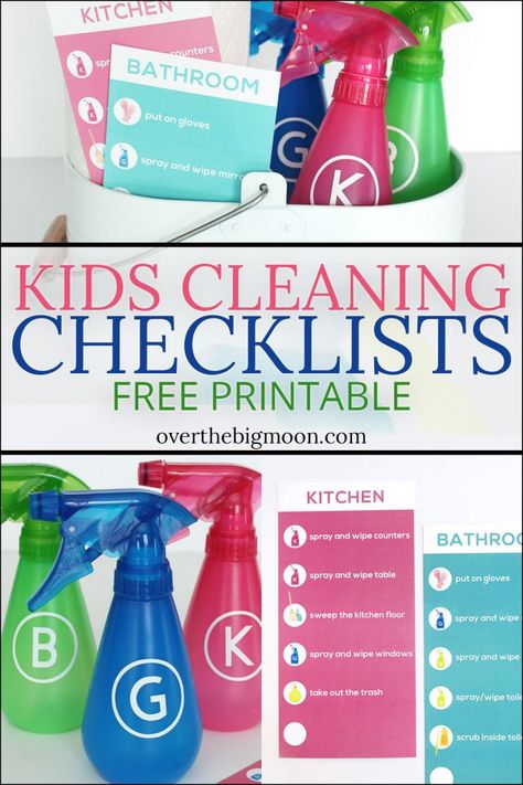 Kids Cleaning Checklists Free Printable - perfect way to get your kiddos helping around the house! From overthebigmoon.com! Kids Cleaning Checklist, Simple Cleaning Checklist, Cleaning Checklist Printable Free, Ahg Badge, Kitchen Cleaning Checklist, Checklist For Kids, Organize Kids, Cleaning Checklists, Organizational Printables