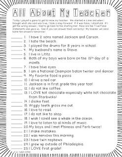 Get to know the teacher I LOVE doing this activity with my students during the first day/week of school. It's like the game of "red light/green light" with a little twist of what kids THINK they know about you. You will list out some true and false facts about yourself. Kids will line up at the back of a room/playground etc. If they think it is true they'll step forward. If they think it's false they stay put. If they get it wrong---they go back to the beginning line! First one to you is the... Get To Know The Teacher, All About My Teacher, About My Teacher, Ks2 Classroom, September Ideas, First Day Activities, Responsive Classroom, Teacher Activities, Beginning Of Year