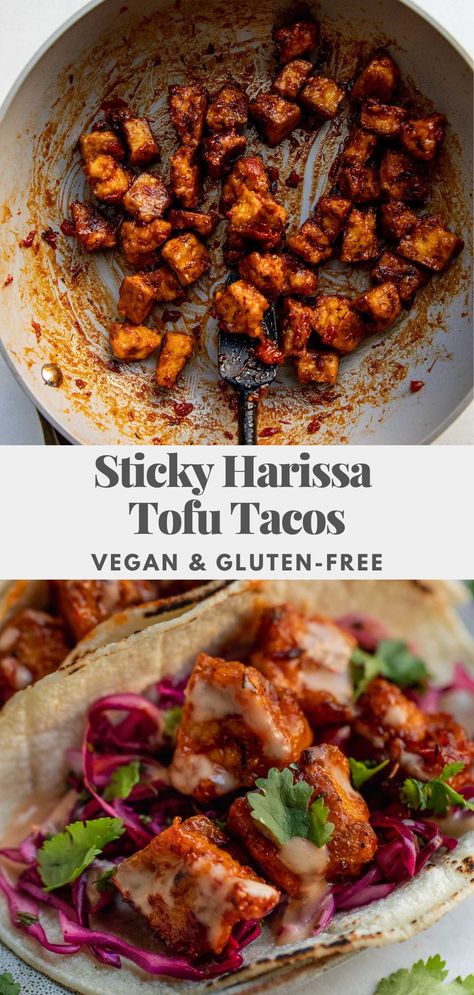 Sticky Harissa Tofu Tacos, spicy and sweet glazed tofu served with crunchy tangy slaw. An easy weeknight dinner that can be cooked in 30 minutes. Tofu Taco Bowl, Vegan Taco Ideas, Tofu Tacos, Vegan Tacos, Tortillas, Easy Weeknight Dinners, Tofu Recipes, Vegan Dinners, Vegan Gluten Free