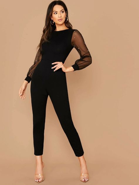 SHEIN Faux Pearl Sheer Mesh Sleeve Jumpsuit | SHEIN USA Jackets Style, High Waist Jumpsuit, Outfit Elegantes, Fitted Jumpsuit, Jumpsuit Outfit, Knit Jumpsuit, Mesh Sleeves, Mesh Long Sleeve, Formal Looks