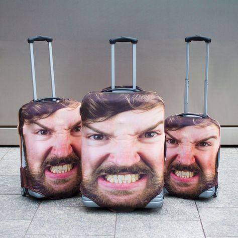 Head Case Luggage Covers Puts Any Face On Your Baggage  #travel Makes The Airport Baggage Claim Fun Again!  Airline employees have hurled the same tired excuse after misplacing someone’s luggage: “We apologiz... Personalized Suitcase, Personalized Stuffed Animals, Suitcase Cover, Luggage Case, Personalized Luggage, Luggage Covers, In Your Face, Luggage Cover, Bag Cover