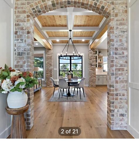 Brick Wall Foyer, Brick Archway In Living Room, Interior Brick Archway, Stone Columns Interior, Exposed Brick Interior, Archways In Homes, Columns Interior, Brick Ideas, Brick Archway