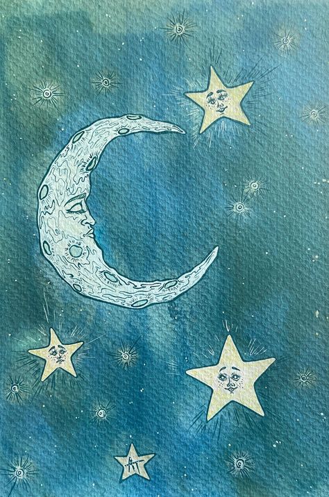 This lovely 6 x 9" mixed media painting depicts a sleeping crescent moon and her star companions. The Moon Artwork, River Rocks Painting, Celestial Acrylic Painting, Painting Ideas On Canvas Stars, Stars Painting Easy, Painting Ideas On Canvas Moon, Mixed Media Painting Ideas, Star Art Aesthetic, Celestial Aesthetic Art