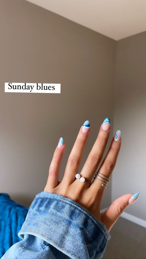 Almond shaped modern nails Cool Nails Almond Shape, Almond Nails Cruise, Almond Shaped Beach Nails, Vacation Nails Almond Shape Blue, Blue Nail Almond Shape, Blue Themed Nails Almond, Vacation Nails Almond Shape, Nails Almond Shape, Modern Nails