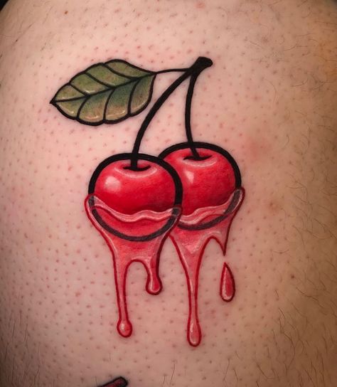 Cortney Norton ♡ on Instagram: “Cherry Berries! 🍒 • • • #inkanddagger #inkanddaggertattoo #oneoff #cherry #cherrytattoos #fruittattoos #customdesign #drippingcherry…” Cherry Tattoo, Traditional Tattoo Flowers, Cherry Tattoos, Neotraditional Tattoo, Petit Tattoo, Red Ink Tattoos, Tatuaje A Color, Pin Up Tattoos, Cool Small Tattoos