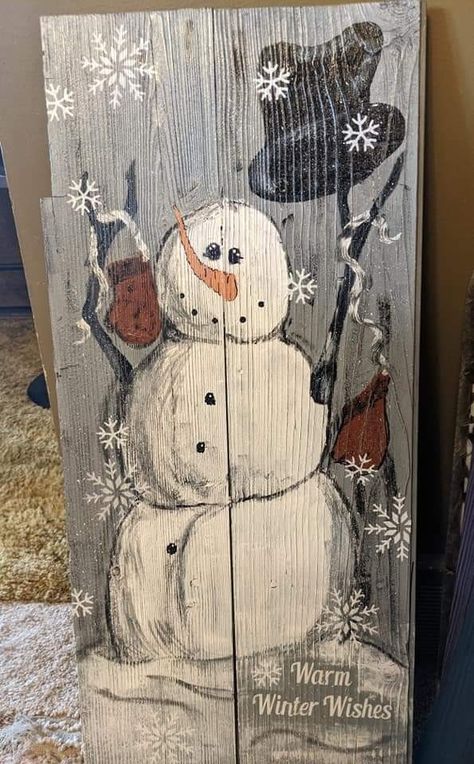 Rustic Snowman Painting, Diy Snowman Painting, Painted Snowman On Wood, Christmas Pallet Ideas, Snowman Painting On Wood, Painting Snowmen, Barn Board Crafts, Snowman Pics, Painting Snowman