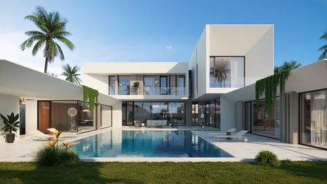 Villa in Abu Dhabi on Behance History Of Ghana, Villa Designs, House With Pool, Modern Villa Design, House Facades, Architectural Design House Plans, Pool Villa, Modern House Facades, Architecture Model House