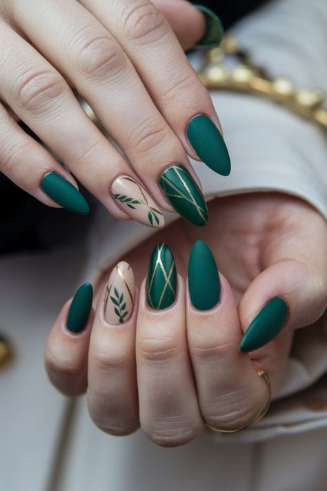 Embrace the beauty of autumn with these stunning olive green nails featuring delicate maple leaf designs. This chic style perfectly captures the essence of fall, blending rich green tones with warm, earthy accents. Whether you鈥檙e heading to a harvest festival or just want to celebrate the season, this look is both artistic and sophisticated. Get inspired by these fall nail ideas and elevate your nail game! Olive Nail Art Designs, Thanksgiving Nail Ideas Green, November Green Nails, Loki Nails Simple, Blue Fall Nails 2024, November Nails Green, Thanksgiving Nails Green, Green Thanksgiving Nails, Green Gold Nails Ideas