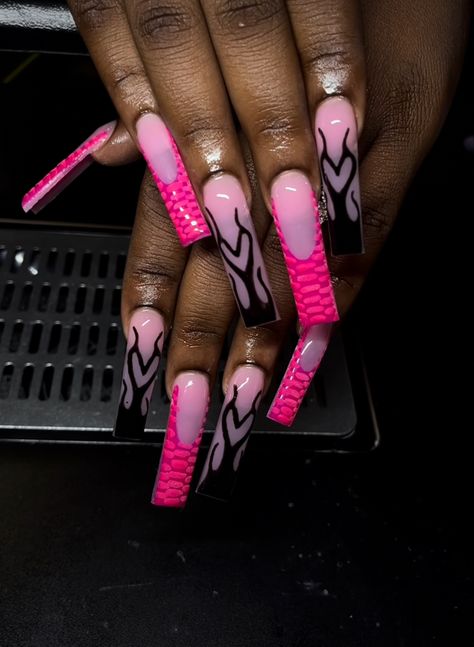 Cute Xl Nails, Acrylic Nails Flames, Hot Pink Square Nails, Flame Nails Acrylic, Xl Nails Design, Long Exotic Nail Designs, Flame Nail Designs, Xl Long Acrylic Nails, Exotic Nail Designs