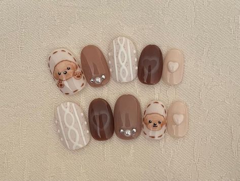 Brown Bear Nails, Teddy Bear Nails, Nail Xmas, Cozy Nails, Bear Nails, Nail Challenge, Uñas Ideas, Bears Nails, Fake Nails Designs