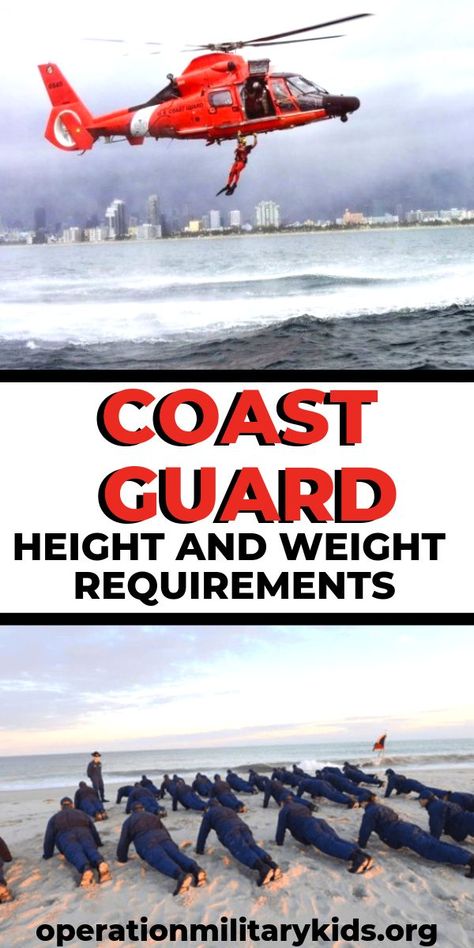 The US Coast Guard is often not the first branch one thinks of when considering joining the US Military.With that said, they do play a vital role in our nations security.Just like the Army, Navy, Air Force, and Marines, the Coast Guard has height and weight standards that must be met by anyone thinking of joining. #coastguard #coastguardworkout #coastguardrescueswimmer #uscoastguard #military #usmilitary Coast Guard Quotes, Coast Guard Boot Camp, Coast Guard Rescue Swimmer, Cost Guard, Coast Gaurd, Coast Guard Helicopter, Coast Guard Academy, Coast Guard Rescue, Coast Guard Ships