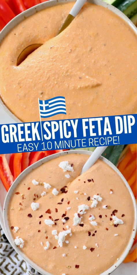 roasted red pepper feta dip in bowl with spoon topped with feta cheese crumbles and red pepper flakes Fire Feta Dip, Greek Chicken Dip, Gyro Dip Recipe, Spicy Greek Sauce, Spicy Gyro Sauce, Dips With Pita Bread, Feta Sauce Recipe, Feta Cream Sauce, Spicy Feta Dip Greek