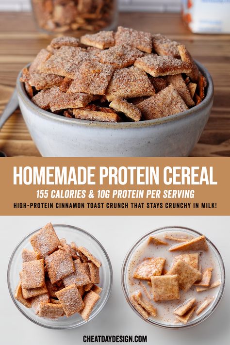 Let's be honest: most protein cereal you find on shelves tastes terrible. It's time to change that! Our homemade protein cereal is easy to make, packed with cinnamon sugar flavor, and includes a generous 10 grams of protein per serving. Protein Powder Dinner Recipes, Homemade Cinnamon Cereal, Diy Protein Cereal, Low Calorie High Protein Sweet Breakfast, Cinnamon Toast Crunch Protein Balls, Vegan Cereal Recipe, Low Calorie Cereal Recipe, Homemade Protein Cereal, Protein Cereal Recipe