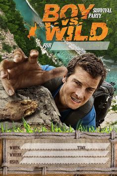 FREE Kids Party Invitations: Boy vs Wild (Bear Grylls) Party Invitation *NEW* Reptile Party Ideas, Kids Party Invitations, Boys Camp, Reptile Party, Wild Bear, Adventure Party, Birthday Bear, 9th Birthday Party, Wild Party