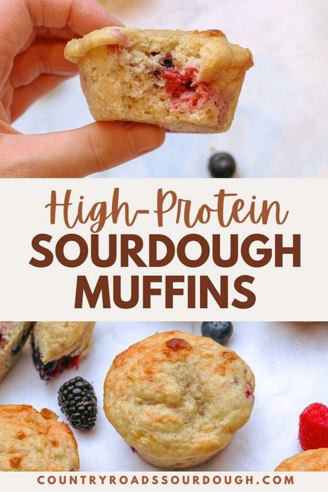 Indulge in our delicious mixed berry sourdough protein muffins, a perfect summer snack. This easy sourdough discard recipe combines fresh berries, greek yogurt, and bananas, sweetened with honey for a moist and flavorful treat. High in protein and macro-friendly, these muffins have 10 grams of protein per muffin and are ideal for a healthy, on-the-go snack. Learn how to make these tasty muffins in less than 30 minutes. Protein Sourdough Muffins, High Protein Mini Muffins, Sourdough Discard Protein Bars, Sourdough Healthy Recipes, Sourdough Breakfast Muffins, Sourdough Muffins Healthy, Sourdough Protein Muffins, Sourdough Protein Recipes, High Protein Sourdough Recipes