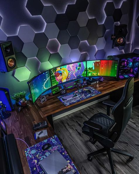 Cool Gaming Rooms, Gamer Room Design, Games Room Inspiration, Gaming Bedroom, Small Game Rooms, Gaming Desk Setup, Best Gaming Setup, Computer Gaming Room, Gamer Setup