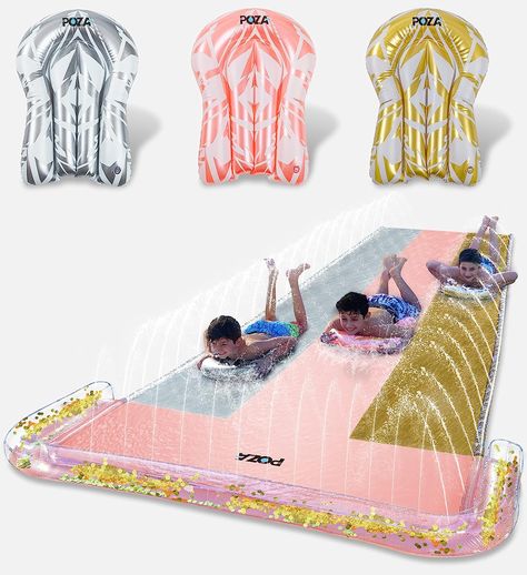 POZA Inflatable Jumbo Triple Slider with 3 Boogie Boards - Luxurious Sparkly Triple Water Slide Toy Ride with Built in Sprinkler Splash, Outdoor Backyard Summer Triple Lane Waterslide Race - 18 Feet. NCLUDED WITH THE PURCHASE OF SLIP WATER SLIDE FOR ADULTS AND KIDS - Includes 1 POZA Inflatable Triple Slider, 3 Boogie Boards, 4 Anchors, hose connector, and repair patches. Lanes in gold, rose gold, and silver colors and bumper filled with sparkly gold confetti make a luxurious inflatable slider. Cool Water Slides, Outdoor Water Games, Pool Water Slide, Pool Gifts, Luxurious Pool, Backyard Summer, Outdoor Fun For Kids, Fun Outdoor Games, Summer Fun For Kids