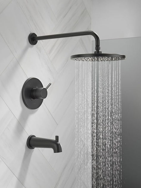 RAIN SHOWER HEAD: Achieve a spa-like experience with an overhead rainfall shower head without the need to run plumbing through the ceiling. The large rain shower head is both superior in design and durability #ad Black Tub Faucet, Round Bathtub, Delta Shower, Overhead Shower Head, Black Tub, Tub And Shower, Rainfall Shower Head, Delta Faucets, Rainfall Shower