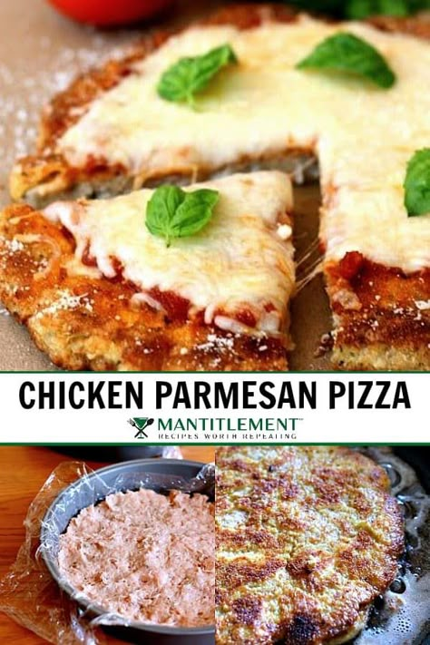 This Chicken Parmesan Pizza has a crispy fried chicken patty instead of a pizza crust! Top this chicken parm pizza with all your favorite toppings! #lowcarb #lowcarbpizza #chickenparmesan #dinnerideas #pizzarecipe Chicken Parm Pizza Recipe, Chicken Parmesan Crust Pizza, Cheesecake Factory Chicken Parmesan Pizza Style, Cheesecake Factory Chicken Parm Pizza, Chicken Parmesan Pizza Crust, Chicken Parm Pizza Crust, Ground Chicken Parmesan Patties, Ground Turkey Pizza Crust, Chicken Parmesan Pizza Style