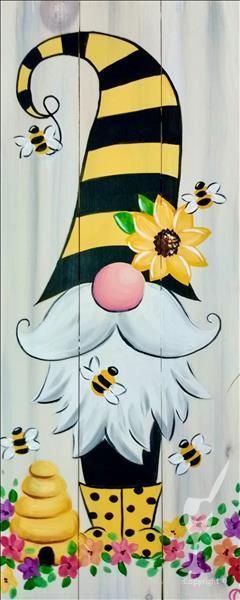 Gnome Paint, Painting With A Twist, Bee Painting, Painting Party, Pallet Painting, Canvas Painting Diy, Gnomes Crafts, Spring Painting, Painted Wood Signs