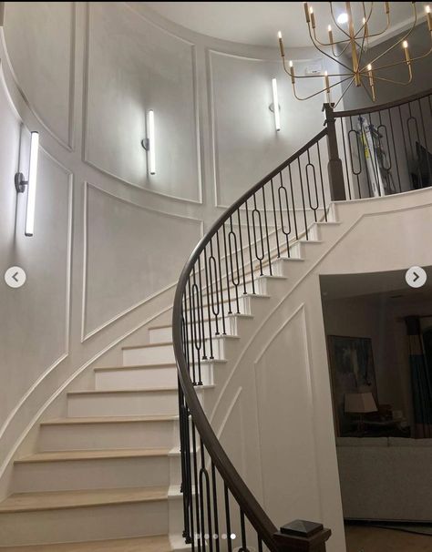 Molding On Curved Staircase, Curved Staircase Wainscoting, Wainscoting On Curved Staircase, Curved Staircase Millwork, Trim Work Staircase, Curved Staircase Molding, Wainscoting Curved Stairs, How To Decorate A Curved Staircase Wall, Curved Staircase Accent Wall