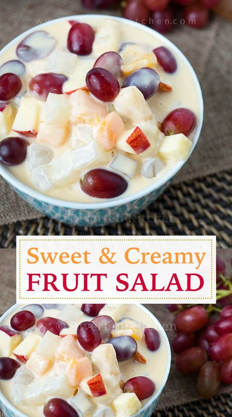 This fruit salad is made of fresh and canned fruits bathed in a deliciously sweet and creamy dressing made of condensed milk and cream. It is an actual dessert treat rather than a salad. #fruitsalad #condensedmilk #sweetsalad #dessertsalad #filipinofood #filipinorecipe #fruits #fruitcocktail #cannedfruits #tablecream #creamysalad #nochebuena #condensedmilkrecipes #apples #grapes Fruit Cocktail Recipes Salad, Fruit Salad Recipe With Condensed Milk, How To Make Fruit Salad Recipes, Coconut Cream Fruit Salad, Fruit With Condensed Milk, Fruit Condensed Milk Dessert, Filipino Fruit Salad Condensed Milk, Fruit Salad With Sweet Condensed Milk, Condensed Milk Fruit Salad