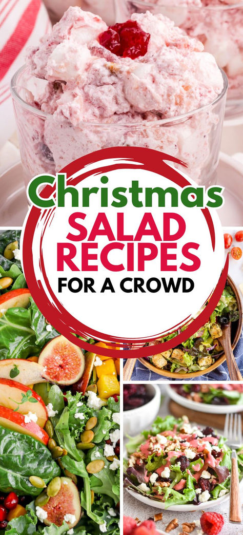 Salad recipes photo collage. Side Salad Recipes For Party, Christmas Side Salad Recipes, Salad To Go With Ham Dinner, Cold Side Salad Recipes, Christmas Dessert Salads, Salads For Christmas Dinner Holidays, Easy Salads For Parties Potlucks, Easy Salad For Party, Christmas Lettuce Salad