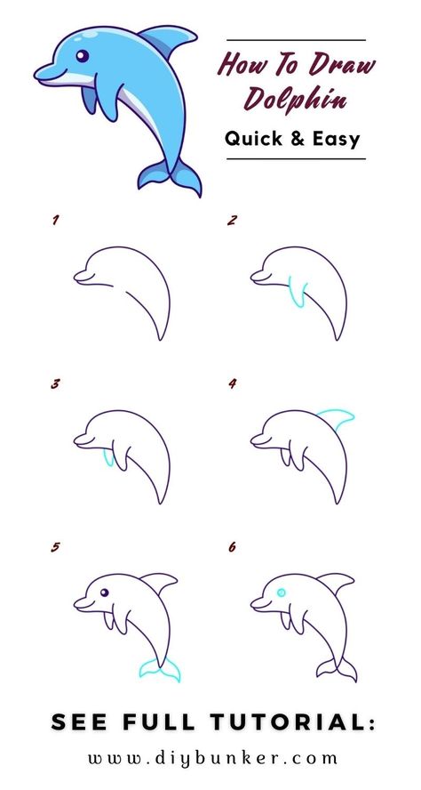 Illustration Lessons, Draw A Dolphin, Trin For Trin Tegning, Dolphin Drawing, Drawing Lessons For Kids, Durga Painting, Journal Diy, Drawing Tutorials For Kids