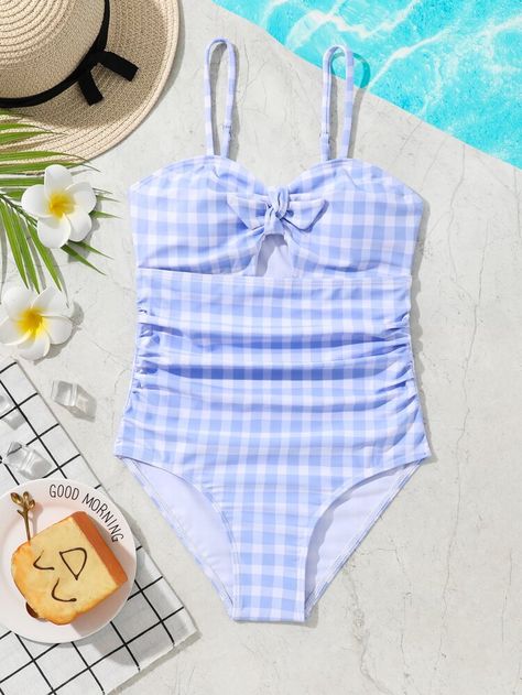 Girls Gingham Ruched Cut Out Knot Front One Piece Swimsuit | SHEIN USA Swimsuit Coverup Ideas, One Piece Swimsuit For Teens, Cute Bathing Suits, Cute Swimsuits, Kids Shorts, Our Girl, White Casual, Girls Clothing