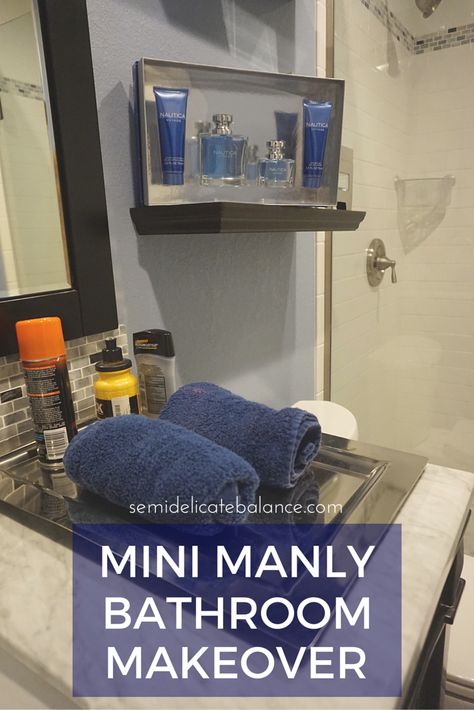 Mini Manly Bathroom Makeover, Nautical, Blue #NauticaforDad #ad Manly Bathroom Decor, Manly Bathroom Ideas, Male Bathroom Ideas Decor, Mens Bathroom Ideas Decor, Men’s Bathroom Ideas, Men’s Bathroom, Boys Bathroom Ideas Teenagers, Manly Bathroom, Mens Bathroom Ideas