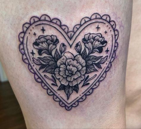 Knew Cap Tattoo, Girly Heart Tattoos, Embroidered Heart Tattoo, Ruffle Heart Tattoo, Daisy Knee Tattoo, Heart Doily Tattoo, Frilly Heart Tattoo, Heart Leg Tattoo, Knee Framing Tattoo