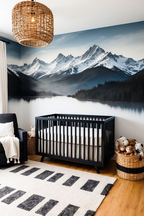 classic nursery for boys. rattan lamp and wicker basket, black wooden crib and cozy chair. beautiful mountain wallpaper. Ski Nursery, Hiking Nursery, Boy Mountain Nursery, Mountain Baby Nursery, Nursery Themes Boy, Adventure Nursery Theme, Mountain Nursery Theme, Wilderness Nursery, Boy Nursery Ideas