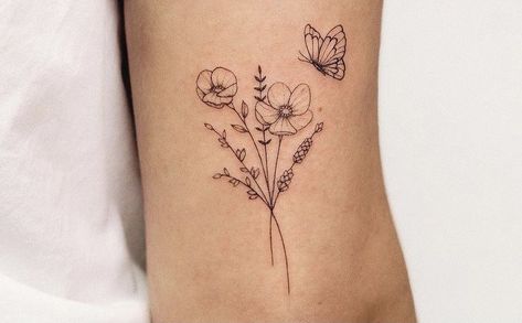 Daisy Rose Butterfly Tattoo, Butterfly With Violets Tattoo, Bouquet Of Flowers Tattoo With Butterfly, Poppy Tattoo Butterfly, Dainty Flower And Butterfly Tattoo, Wildflower With Butterfly Tattoo, Butterfly Flower Bouquet Tattoo, Poppy With Butterfly Tattoo, Poppy Flower And Butterfly Tattoo