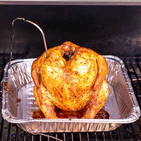 Traeger Beer Can Chicken is a simple way to cook chicken on the grill perfectly every time. Easy seasonings paired with your favorite beer! Beer But Chicken On The Grill, Whole Chicken On Pellet Smoker, Pellet Grill Beer Can Chicken, Beer Can Chicken On The Grill Traeger, Traeger Beer Can Chicken, Beer Can Chicken On The Grill, Beer Can Chicken In Smoker, Traeger Grill Recipes Chicken, Pellet Grill Chicken