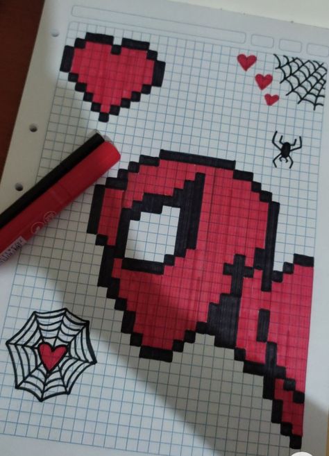 Spiderman Pixel Art, Art Spiderman, Square Drawing, Spiderman Drawing, Spiderman Art Sketch, Graph Paper Drawings, Pixel Art Tutorial, Easy Pixel Art, Easy Love Drawings