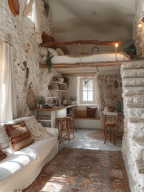 Small Stone House Interiors, Cave House Interior, Stone Cottages Interior, Small Stone House, Adobe Houses, Dream Building, Village Design, Stone Ideas, Mud House