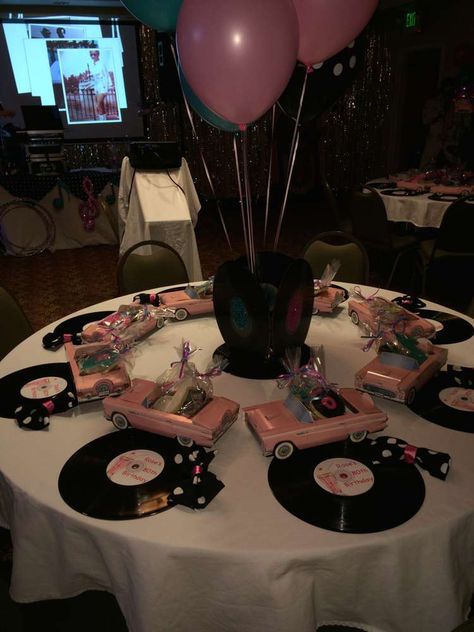 80th Birthday 50's theme sock hop | CatchMyParty.com 80th Theme Party Ideas, Retro 50th Birthday Party, Retro Bday Party Ideas, 75 Birthday Theme Party Ideas, Retro Table Centerpieces, Sock Hop Party Decorations, Sock Hop Birthday Party, 50 Theme Party Ideas, 80th Birthday Theme Ideas