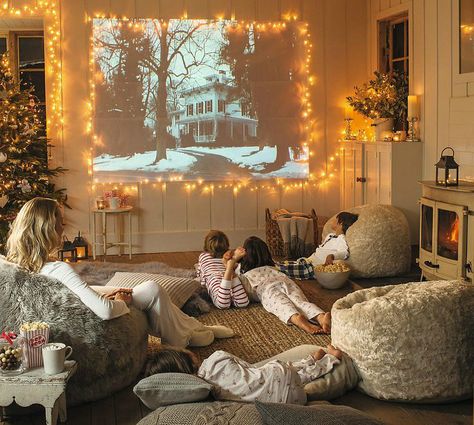 bean bags in family room Cozy Christmas Living Room, Fake Window, Best Projector, Christmas Lights Garland, Christmas Living Rooms, Christmas String Lights, Family Movie Night, Light Garland, Family Movies