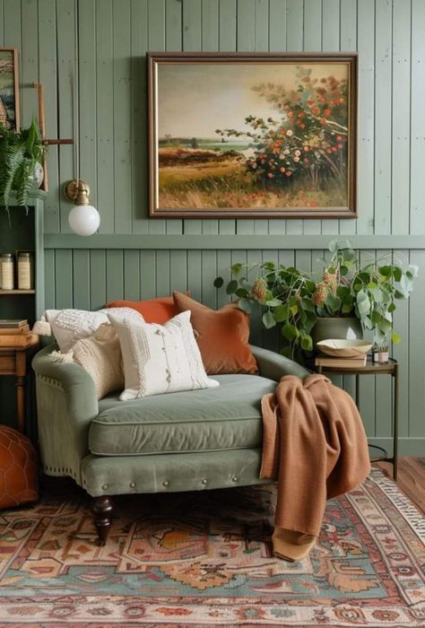 Moss Green And Rust Living Room, Rust Green Living Room, Green And Rust Living Room, Living Room Inspiration Green, Green Living Room Paint Colors, Green Living Room Walls, Living Room Ideas Blue, Green Living Room Paint, Room Ideas Blue