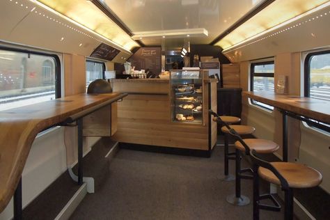 Switzerland's "cafe on the rails" | This Is What Starbucks Looks Like In 17 Countries Bus Cafe, Train Restaurant, Bus Restaurant, Train Concept, Mobile Cafe, St Gallen Switzerland, Mobile Coffee Shop, Coffee Trailer, Coffee Van