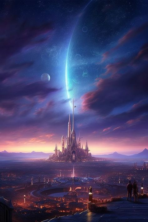 Galaxy Castle, Moonchild Aesthetic, Space Castle, Fantasy Landscape Wallpaper, Background Scenery, Armor Dress, Science Fiction Artwork, Heaven Art, Witchy Wallpaper